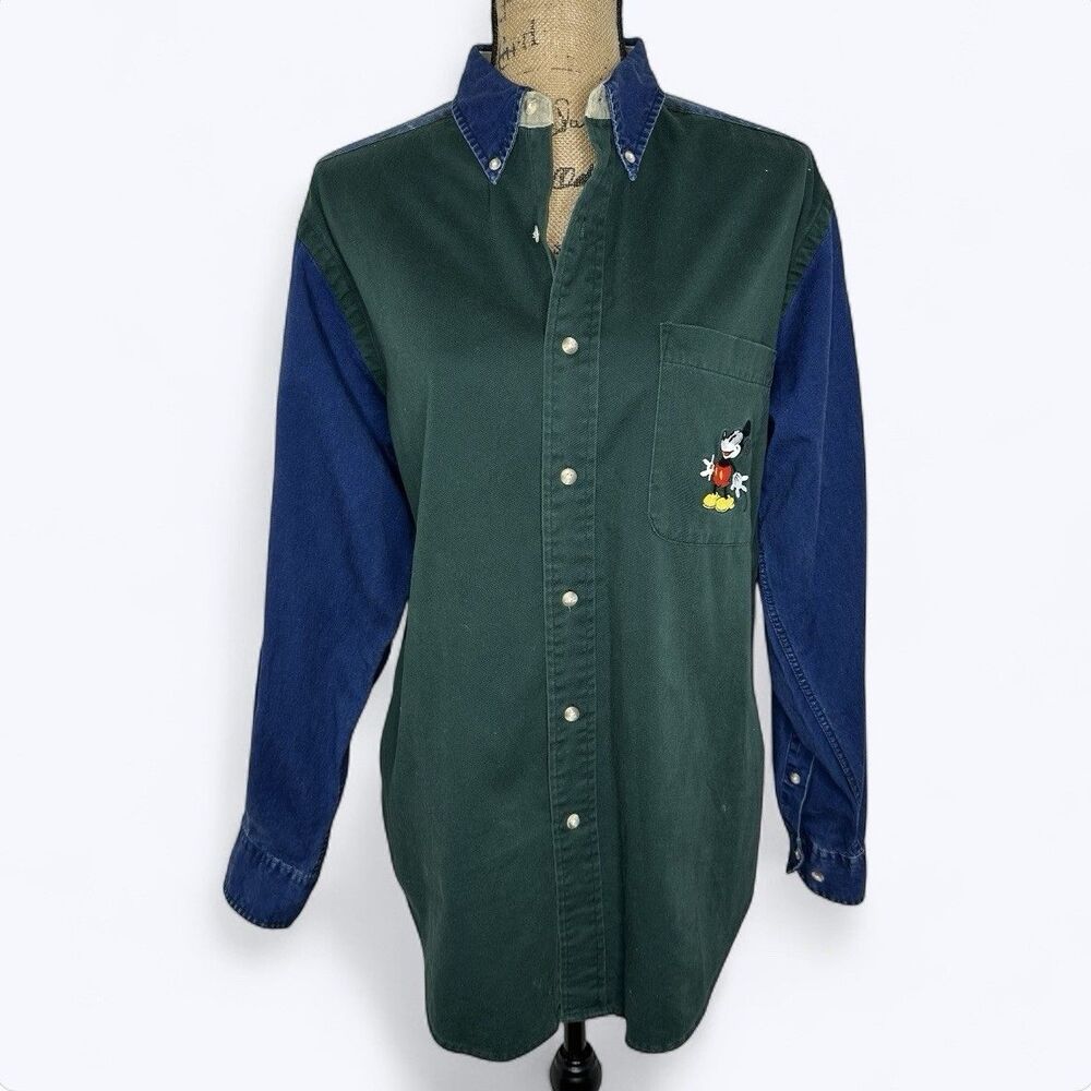 Vtg Disney Store Embroidered Mickey Mouse Button Front Top Mens S Colorblock 90s